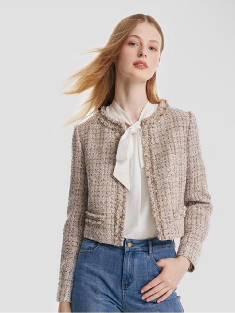 Chanel style Goelia Wool Blend Textured Tweed Frayed Hem Jacket Beige Brown M